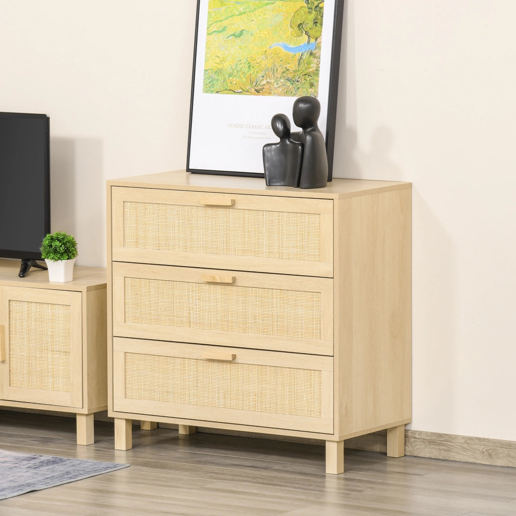 Com¨° 3 Cassetti Cannage in Rattan ¨C zephmum ¨C MDF Effetto Legno Chiaro 80x40x80 cm