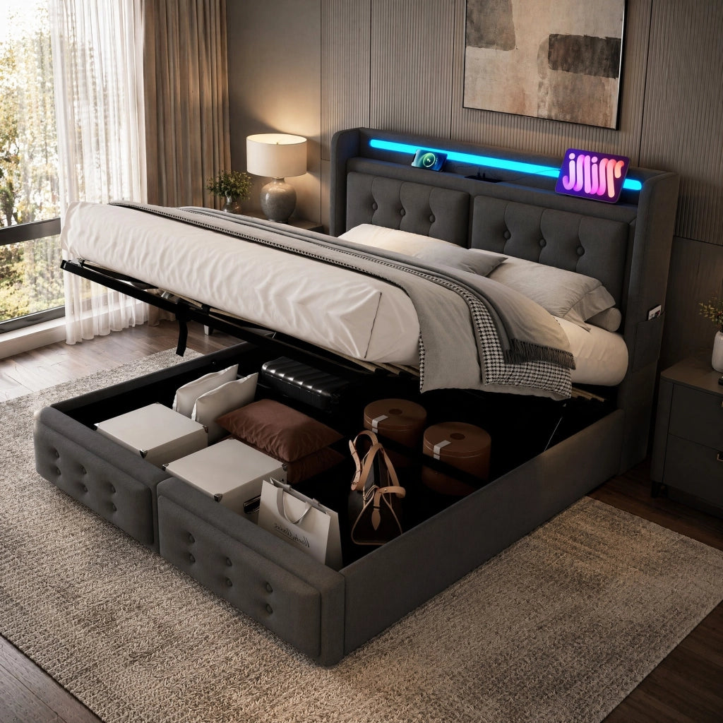 Letto matrimoniale 160x200 cm con contenitore; testiera con prese e USB; LED; grigio