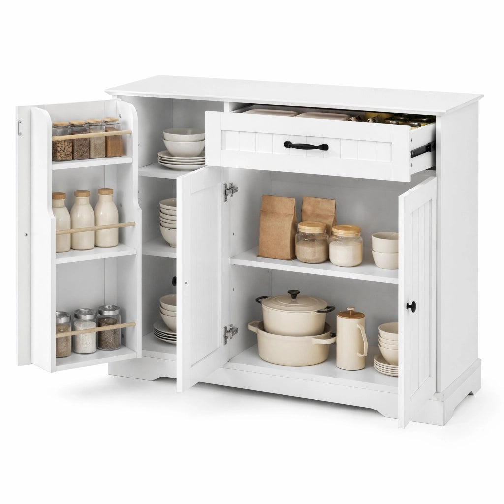 Credenza bianca in MDF con 3 ante, cassetto e ripiani regolabili