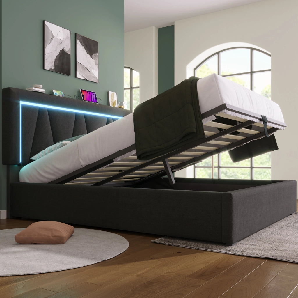 Letto matrimoniale LED con USB e contenitore, 160x200 cm