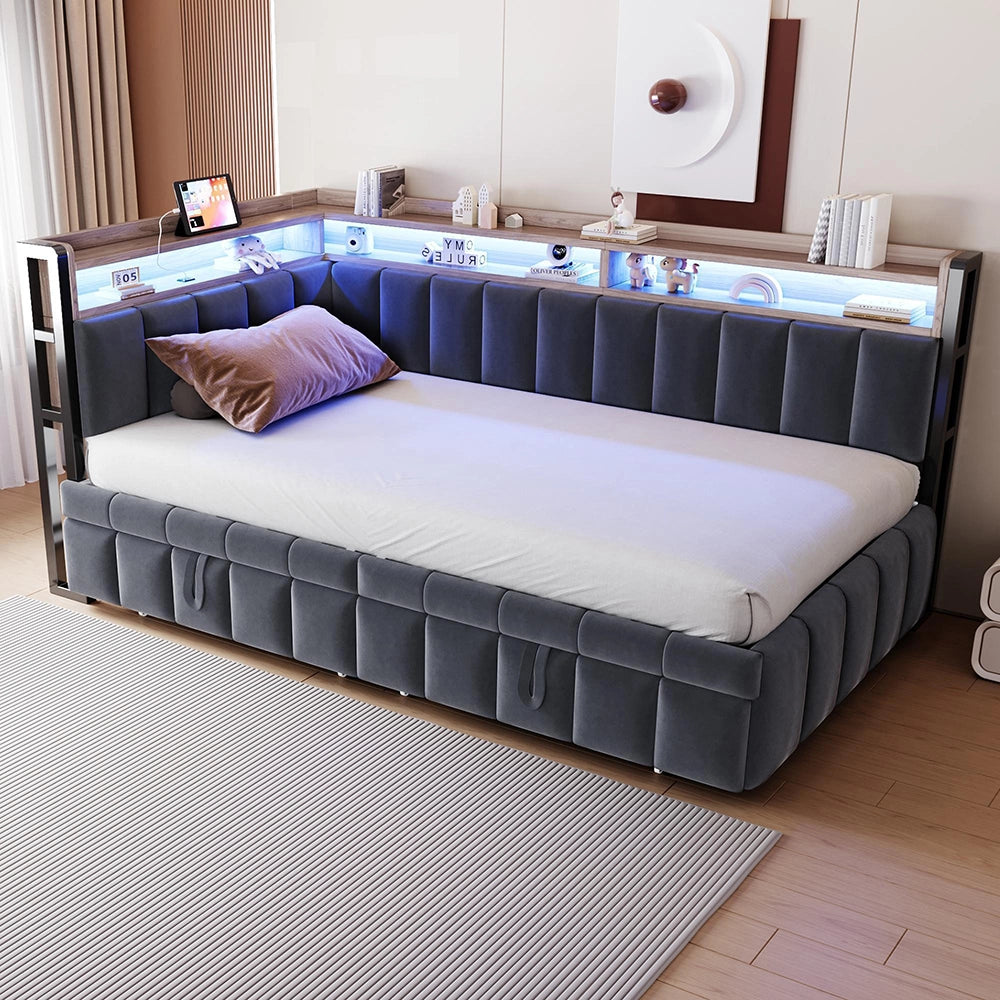 Divano letto 90x200cm?- Xylo - gigogne LED USB velluto grigio scuro