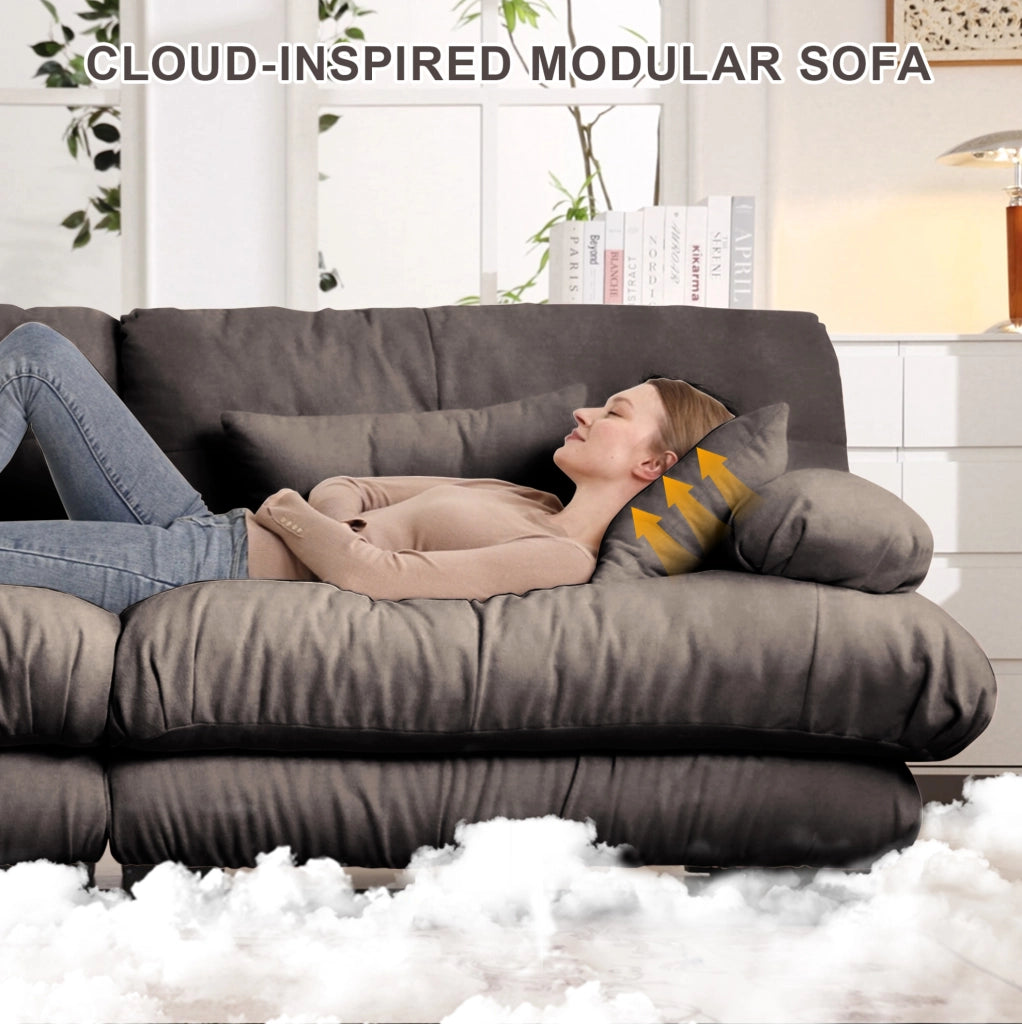Divano angolare in chenille marrone con cuscini lombari e pouf mobili per soggiorno