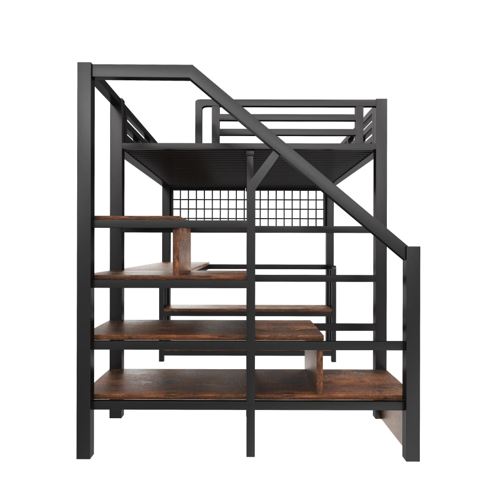 Letto a soppalco 140x200 cm in metallo e MDF nero con scrivania; ripiano; LED e USB