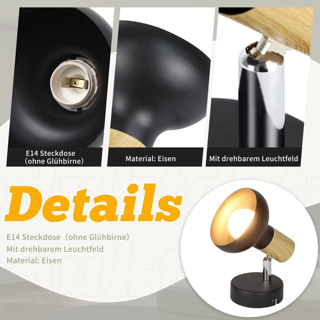 ZMH Faretto da soffitto neri 1 fiamma legno E14 vintage per soggiorno