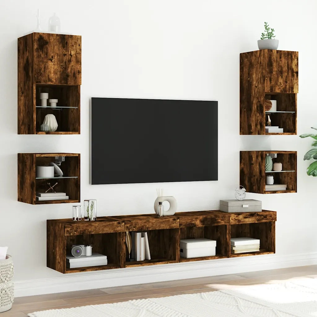 Comodino con Luci LED a Parete Rovere Fumo 837121