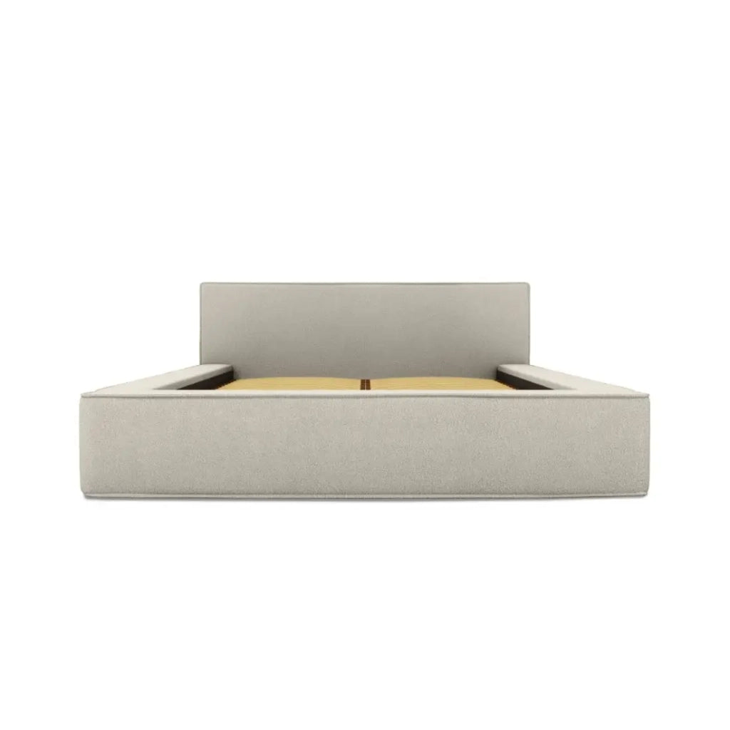 Letto contenitore VELORA – Sabbia ricciolata – 180x200 cm – Tessuto effetto lana – Rete sollevabile – Contenitore integrato