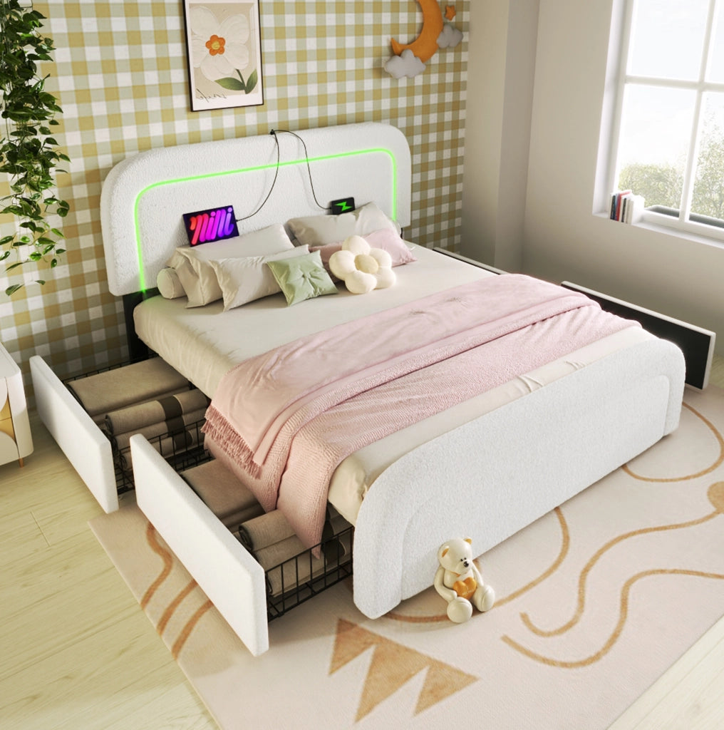 Letto matrimoniale 140x200 con materasso, LED, USB-C e cassetti