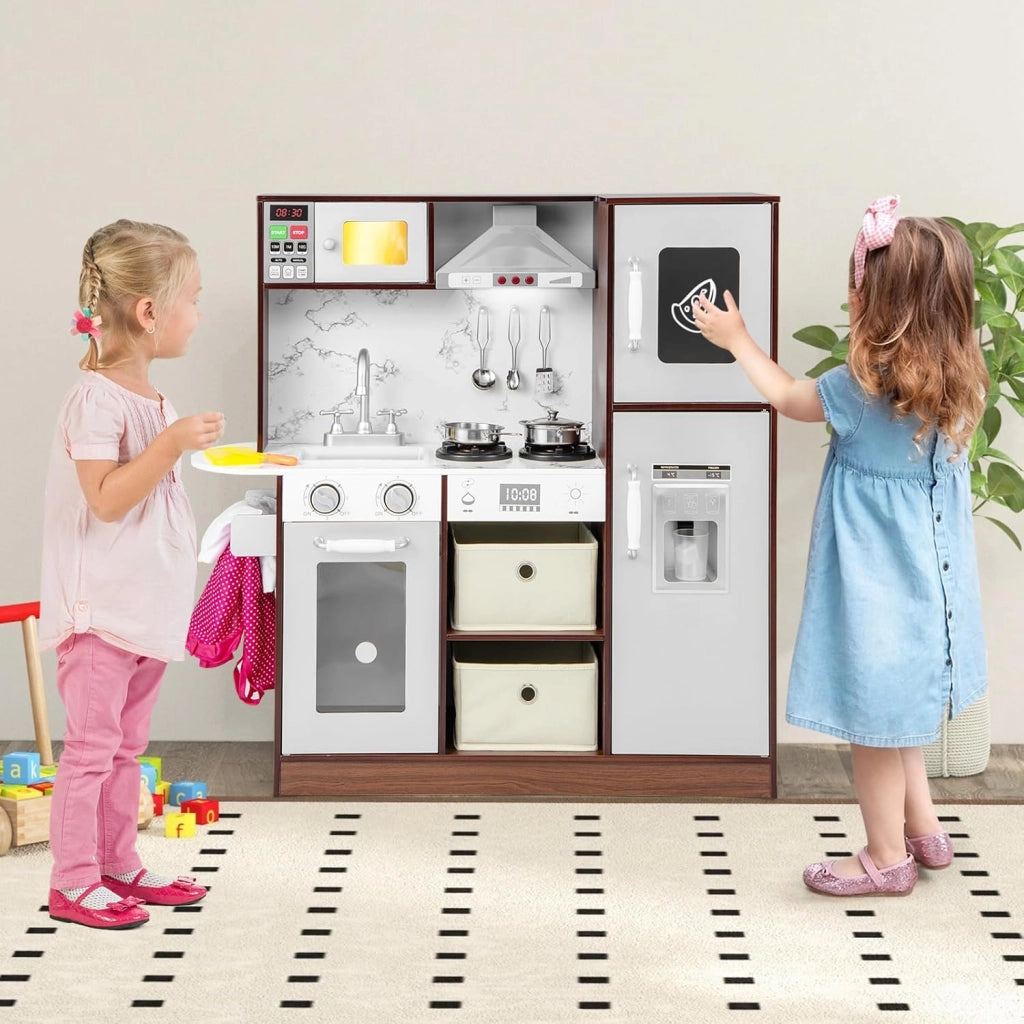 Cucina Giocattolo per Bambini, Cucina Legno per Bambini con Frigorifero, Macchina del Ghiaccio, Forno, Microonde, Lavello e Rubinetto, Funzione Luci e Suoni, per Bambini 3 Anni+