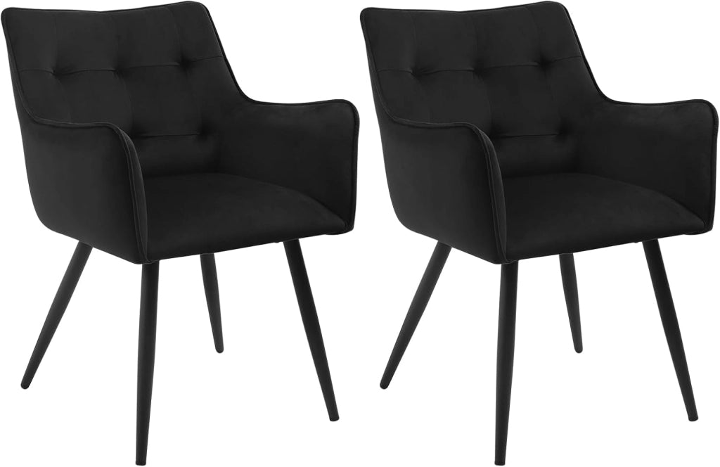 Set di 2 Sedie da Pranzo Moderne, Sedie da Cucina con Schienale e Braccioli, Poltroncine Imbottite con Gambe in Metallo, per Salotto, Ufficio e Cameretta, in Velluto, Nero, BH374sz-2