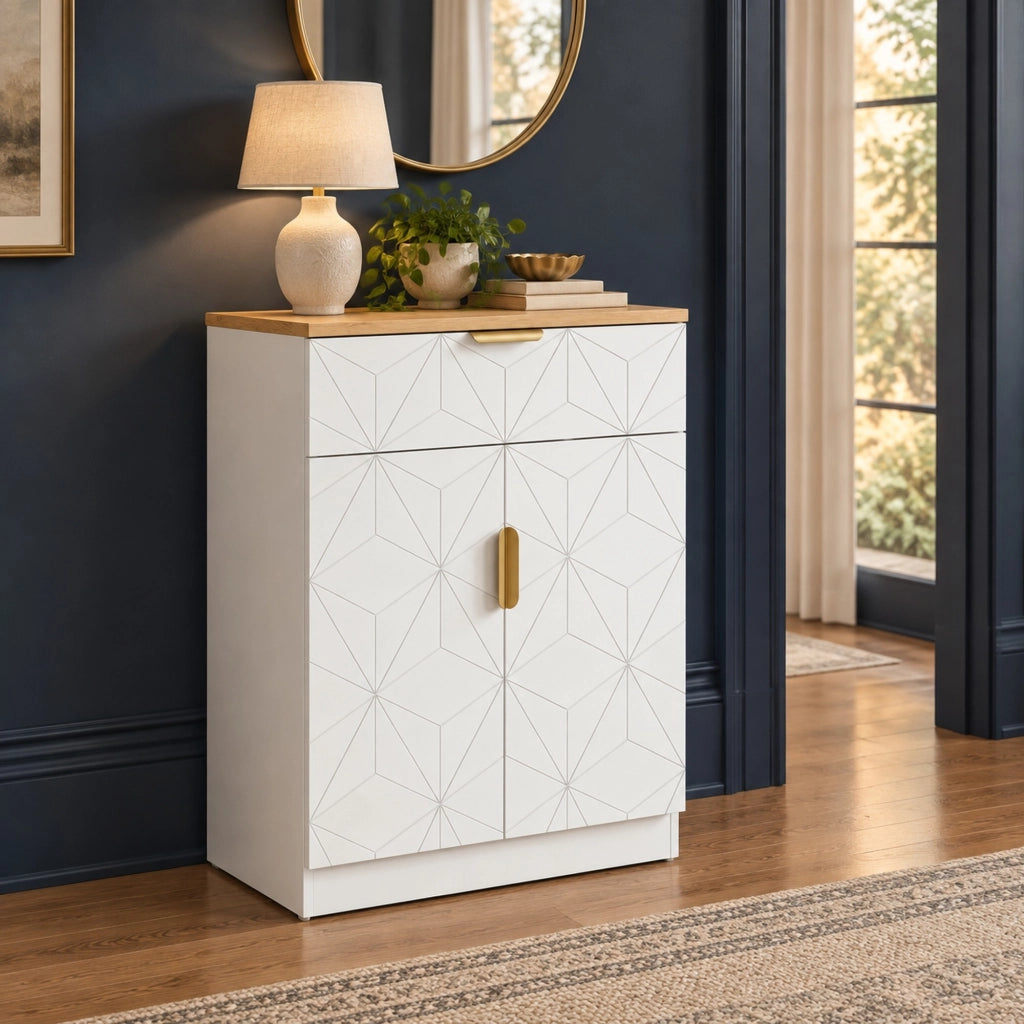 Credenza 60x32x82 cm bianco e legno – cassetto, ripiani regolabili