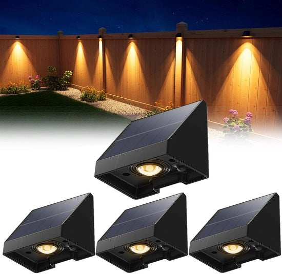Kit di 4 Lampade Solari Decorative per Recinzione - Idratanti LED per Esterni a Energia Solare con Luce Bianco Caldo - Per Muro, Terrazza, Giardino, Cancello, Garage, Piscina - Installazione Facile - 6.6x5.8x5.1cm