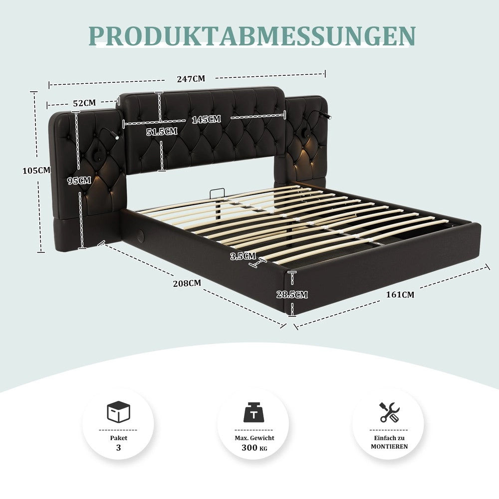 Letto Contenitore Imbottito in Velluto con LED e Sistema Idraulico ¨C MINIMAL ¨C Nero 160x200