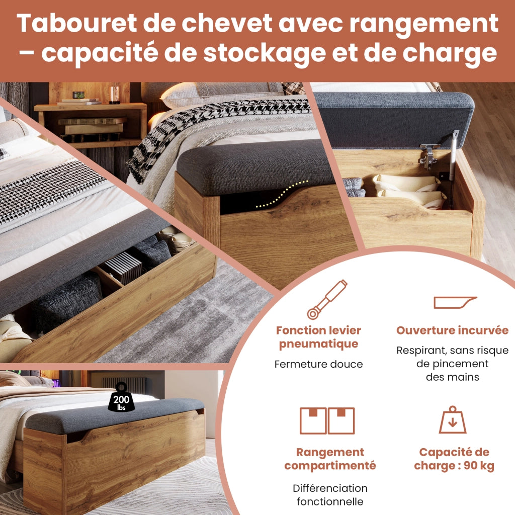 Letto Matrimoniale 160 x 200 cm - USB; Type-C; Lampade e Panca Contenitore - Rovere