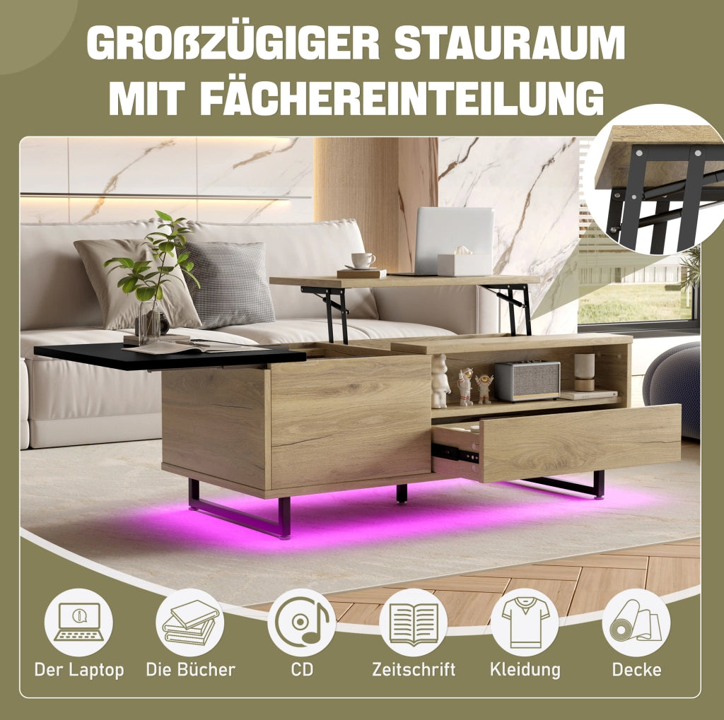 Tavolino da caffè alzabile con LED e vano contenitore