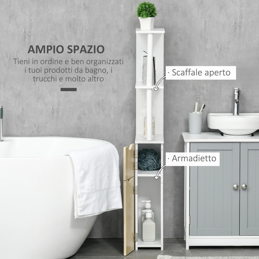 Colonna Bagno con 2 Ripiani e 2 Armadietti, Mobile Alto Salvaspazio 15.2x29.8x118 cm, Bianco e color Legno
