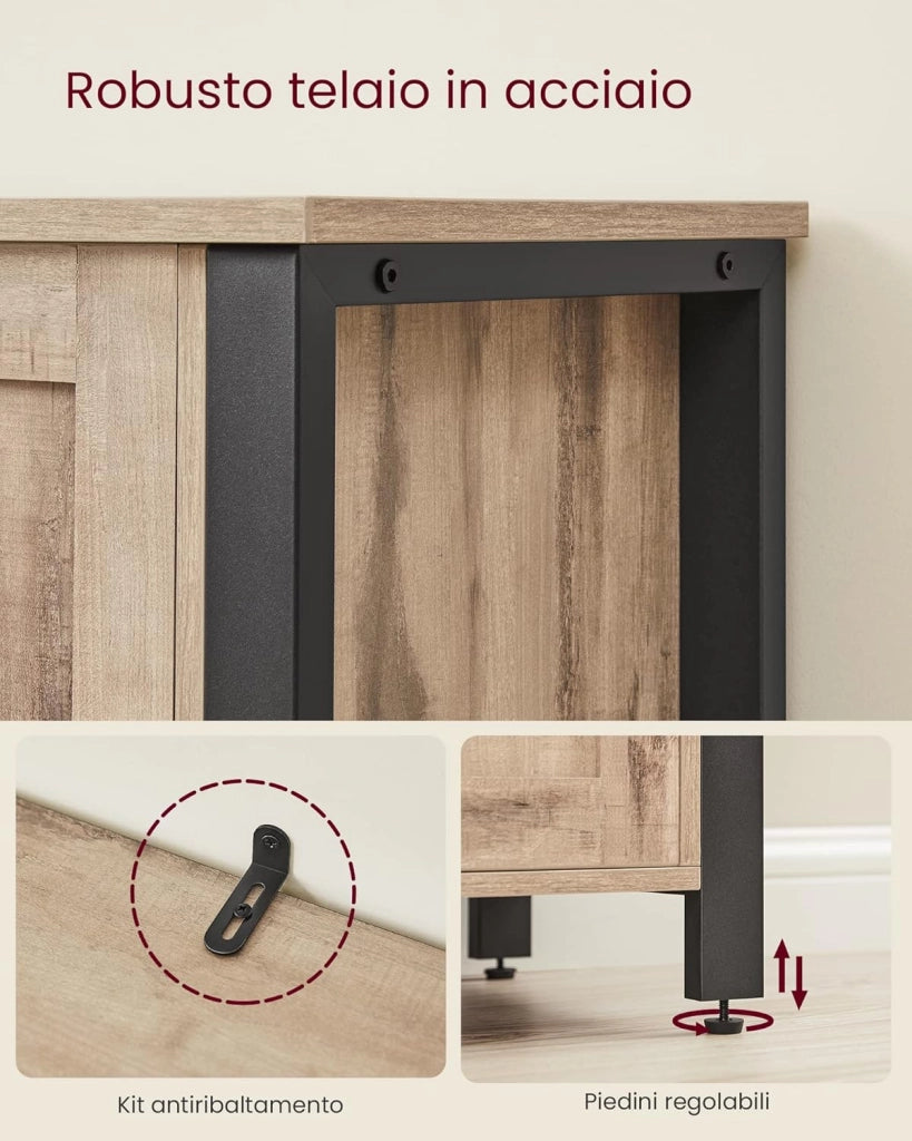 VASAGLE Credenza, Mobile da Cucina, Mobile Contenitore, con 3 Ante, per Soggiorno, Cucina, Sala da Pranzo, 33 x 110 x 75 cm, Stile Country, Marrone Cammello e Nero Inchiostro LSC096B50