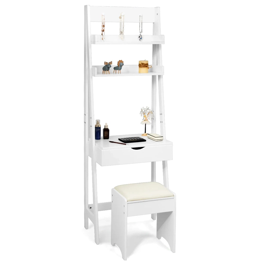 Toeletta con specchio e sgabello 60 x 40 x 180 cm contenitore verticale finitura elegante atmosfera accogliente MDF bianco 20_0011519