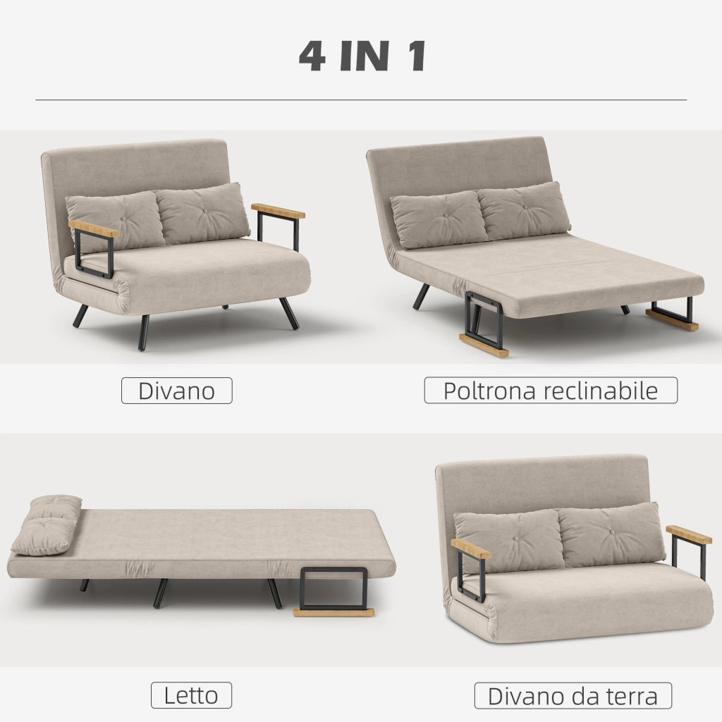 Divano Letto in Tessuto Velluto con Schienale Regolabile e Cuscini ¨C zephmum ¨C Bianco Crema 102x73x81 cm