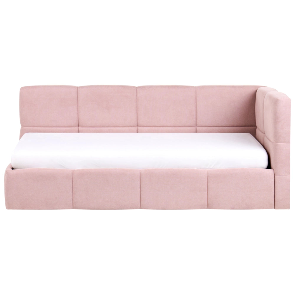 Divano letto imbottita in tessuto rosa lato destro 90x200 cm con pouf contenitore a forma di L