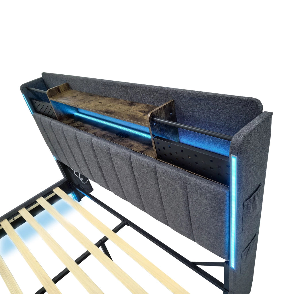 OKWISH Letto Matrimoniale 140×200 cm con USB, LED Regolabile e Contenitore, senza Materasso, in Tessuto Imbottito, Grigio