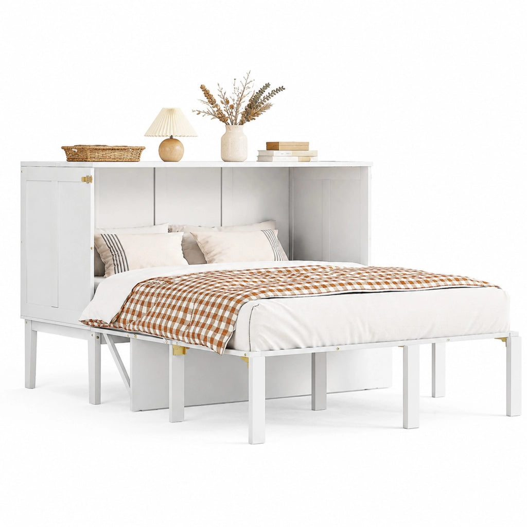 Letto a scomparsa verticale 140x200 cm in legno; salvaspazio; bianco