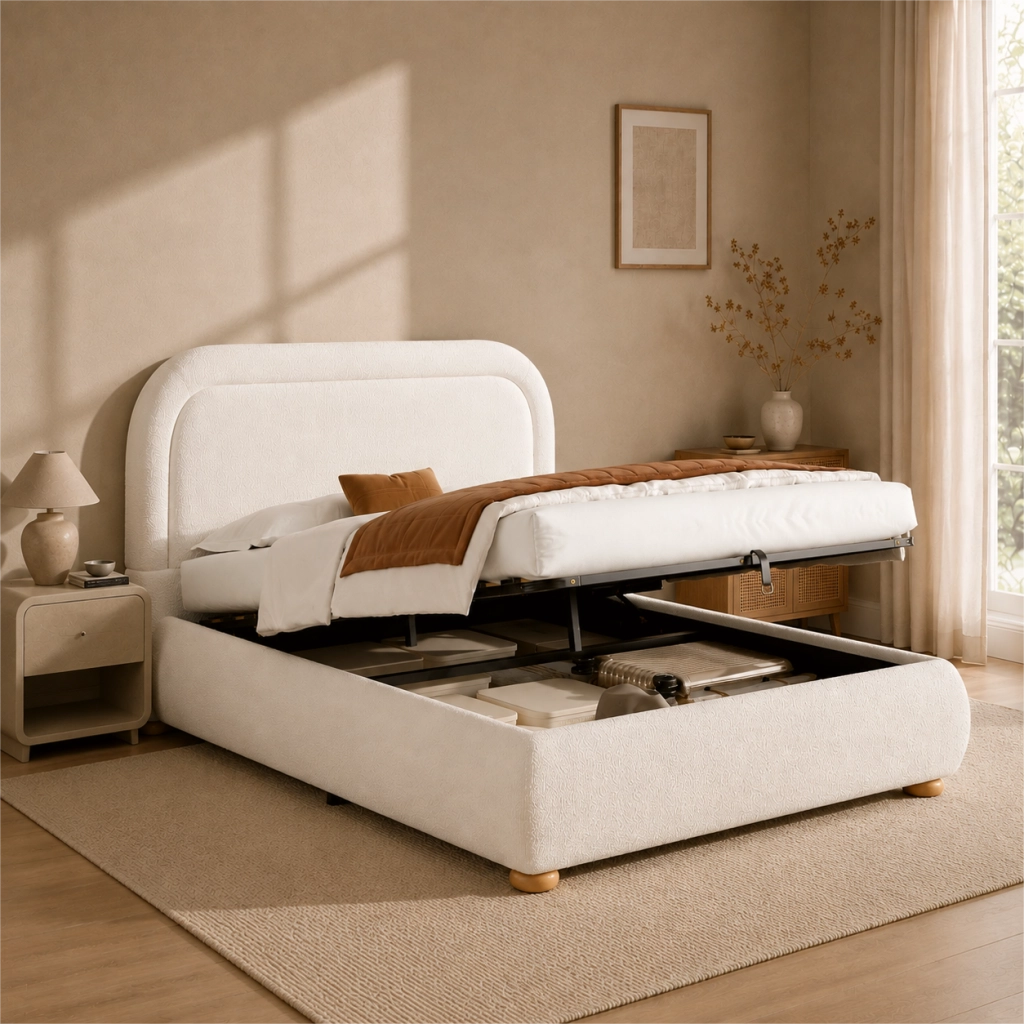 Letto contenitore imbottito 160x200 cm con sollevamento idraulico; rete a doghe; rivestimento bouclé; beige