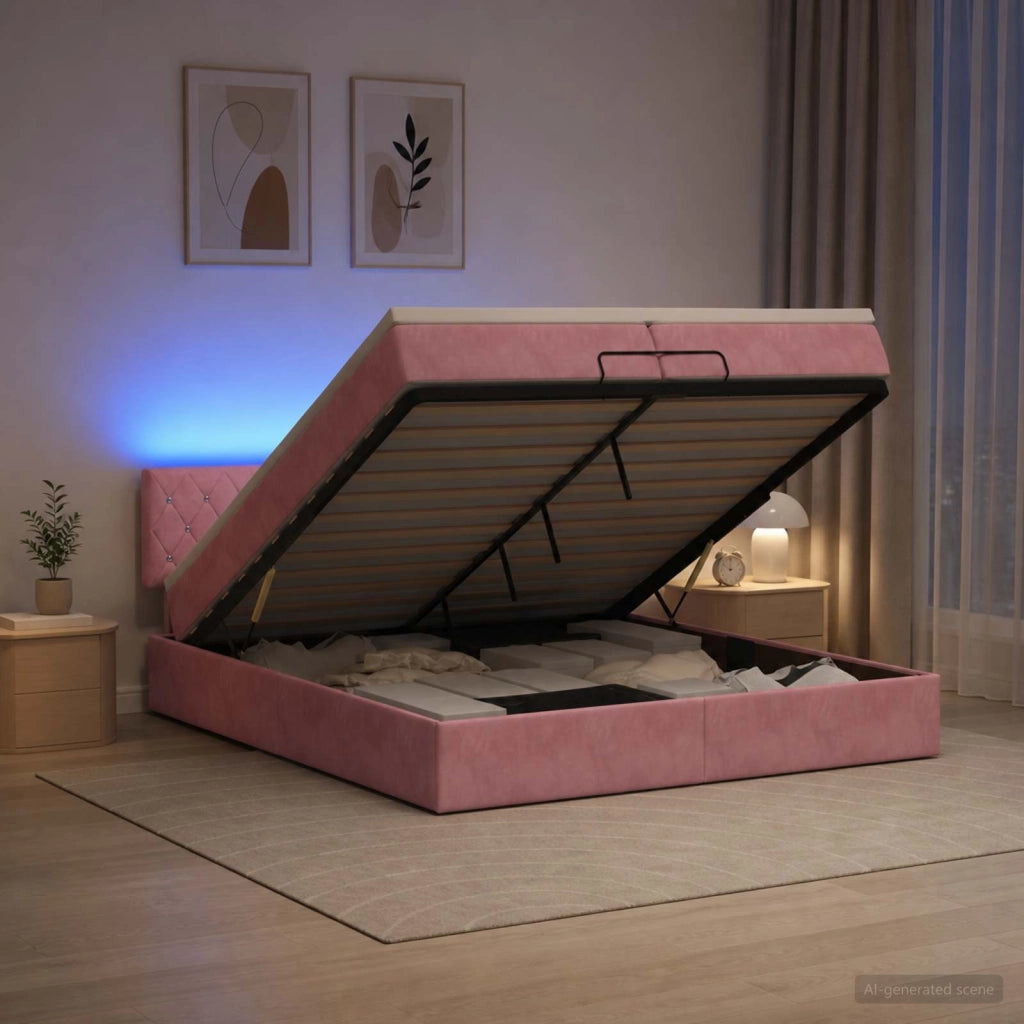 Letto Ottomano con Materasso e LED Rosa 200 x 200 cm Velluto 3457094