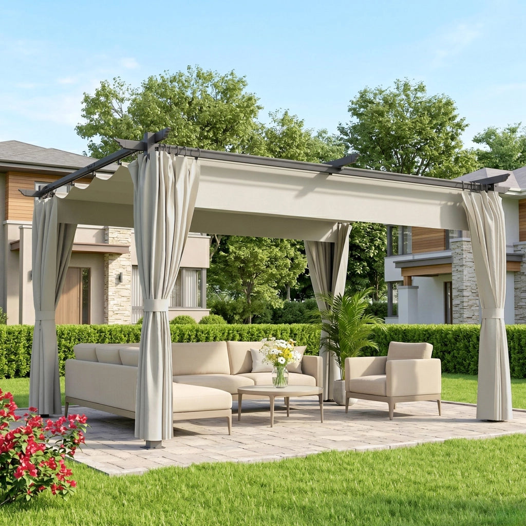 Pergola da giardino esterno ¨C zephmum ¨C 3x4m crema, tetto retrattile, tende, UPF30+