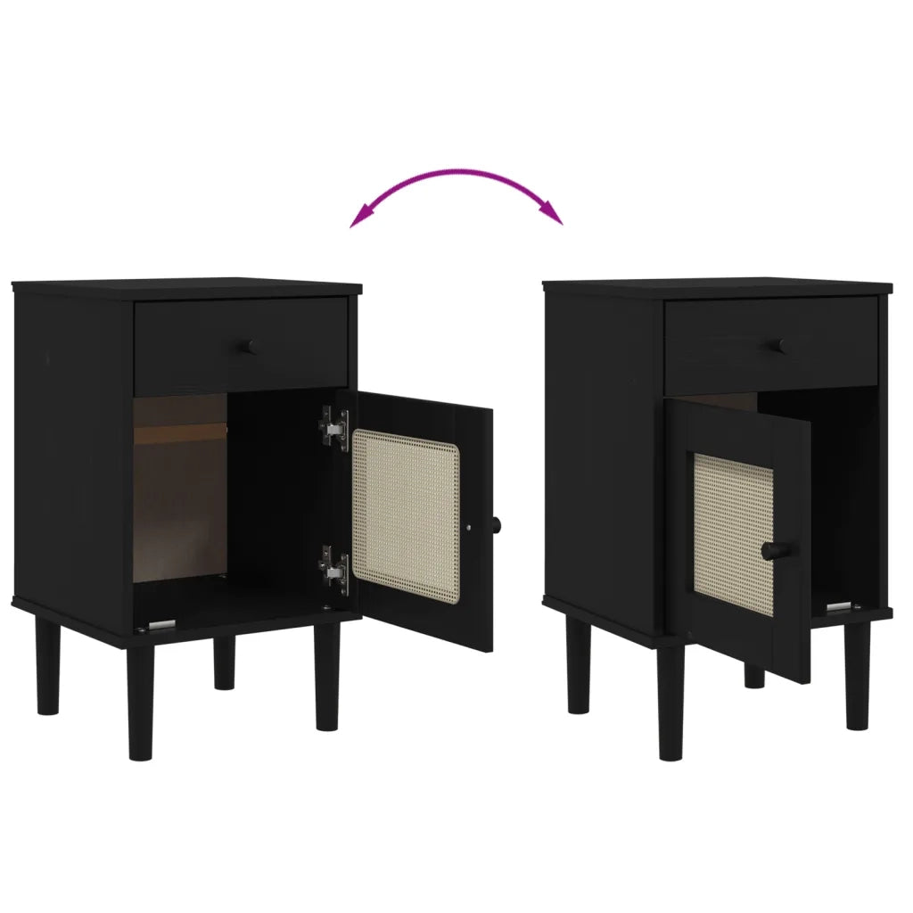 Comodino SENJA Aspetto Rattan Nero 40x35x65 cm in Legno Pino 358015