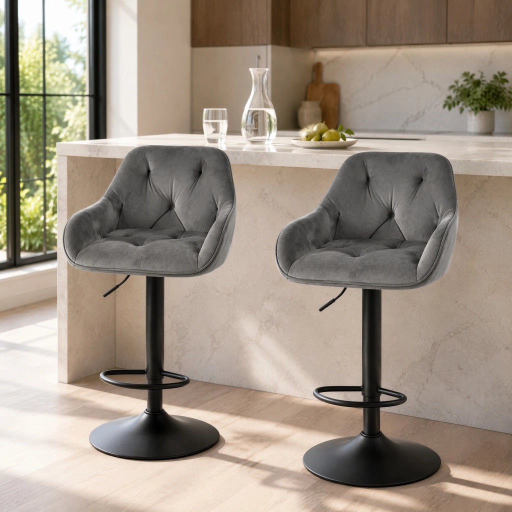 Set di 2 sgabelli girevoli regolabili in velluto e metallo, grigio scuro