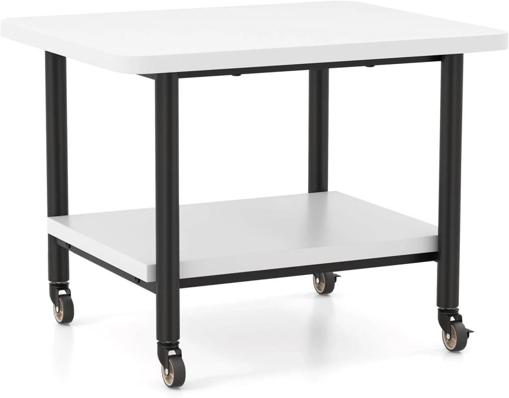 Tavolo per stampante con ruote, supporto per stampante, carrello per stampante, arrotolabile con 2 livelli, mobile per stampante, in legno, tavolino per stampante, scaffale a rotelle (bianco +