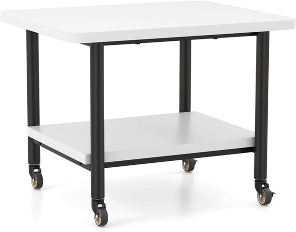 Tavolo per stampante con ruote, supporto per stampante, carrello per stampante, arrotolabile con 2 livelli, mobile per stampante, in legno, tavolino per stampante, scaffale a rotelle (bianco +