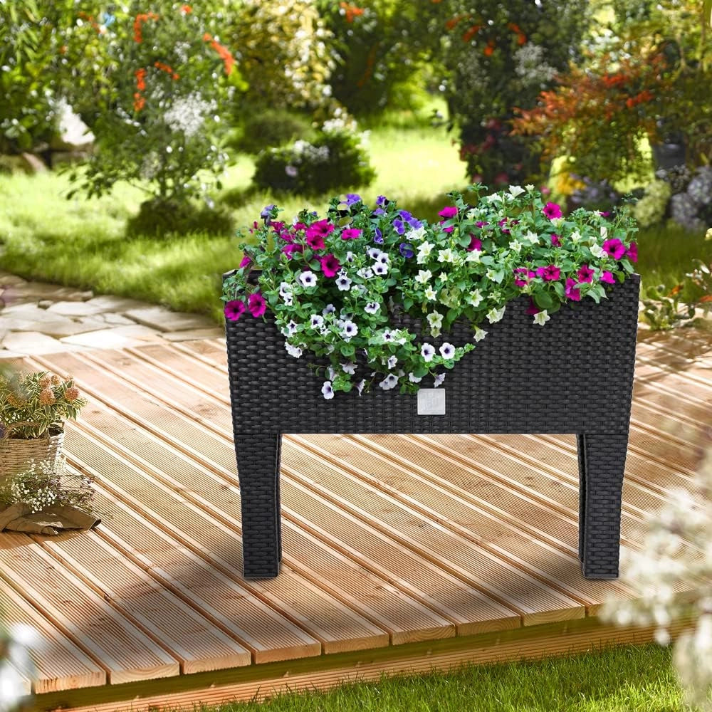 2 letti rialzati con sistema di irrigazione, 60 x 25 x 46 cm, 30 litri, effetto rattan