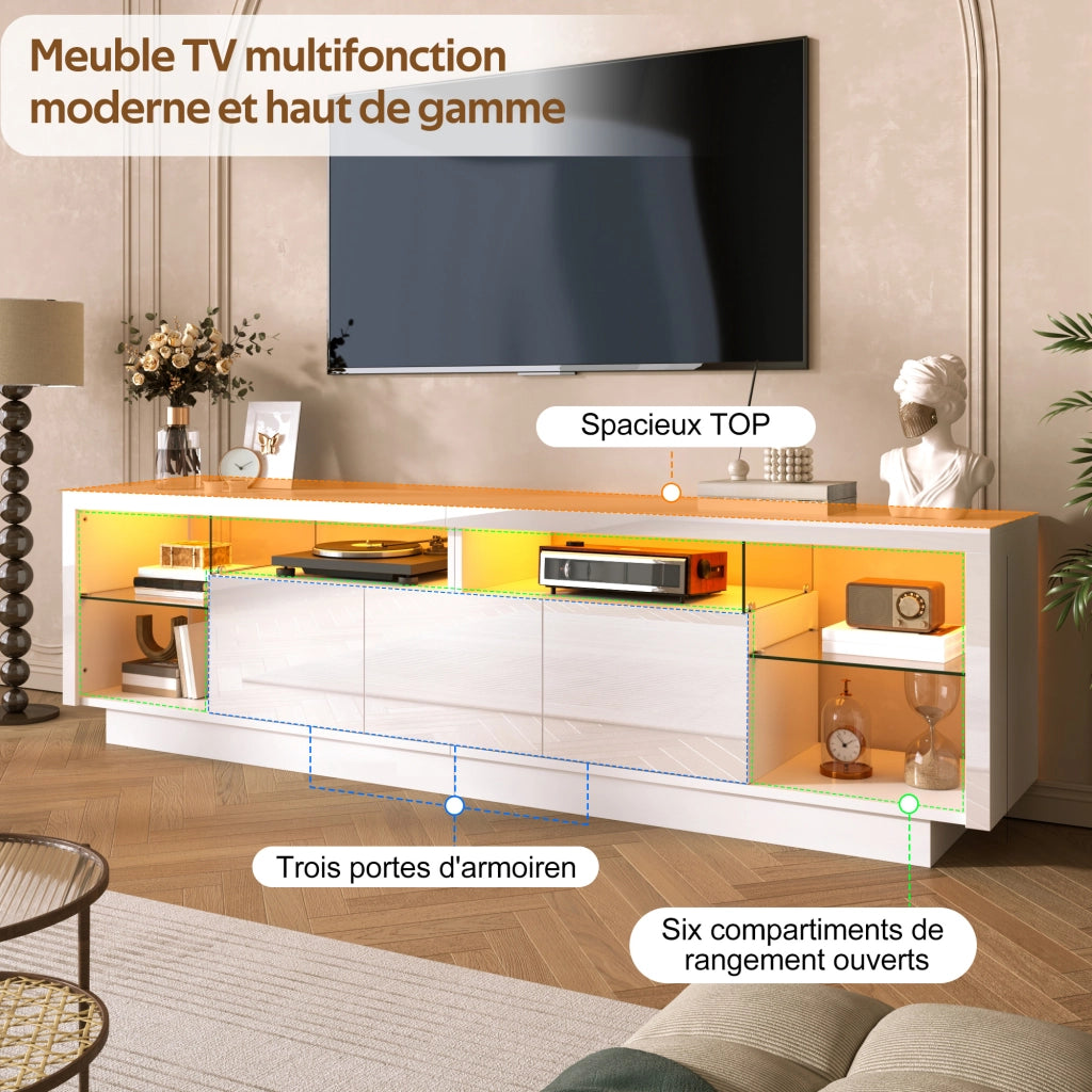 Mobile porta TV con 3 ante, vani aperti in vetro e LED, per soggiorno, in legno truciolare bianco, 200 × 38 × 55 cm