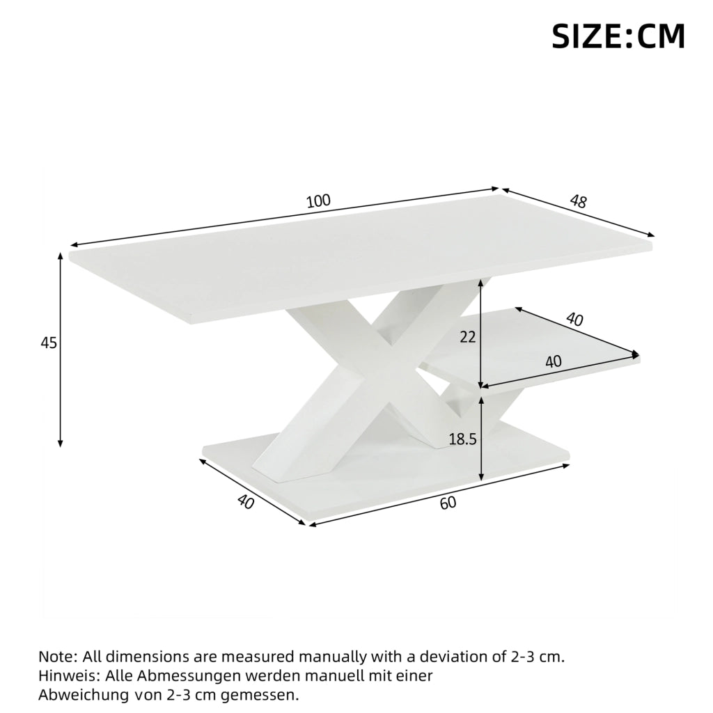 Tavolino da caffè rettangolare bianco lucido 100x48x45 cm in MDF con doppio ripiano
