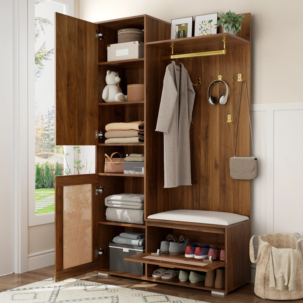 Mobile d'Ingresso con 3 Ante; Specchio; Panca e LED 16 Colori; Stile Moderno; in MDF; Noce/Bianco; 110??38??190 cm