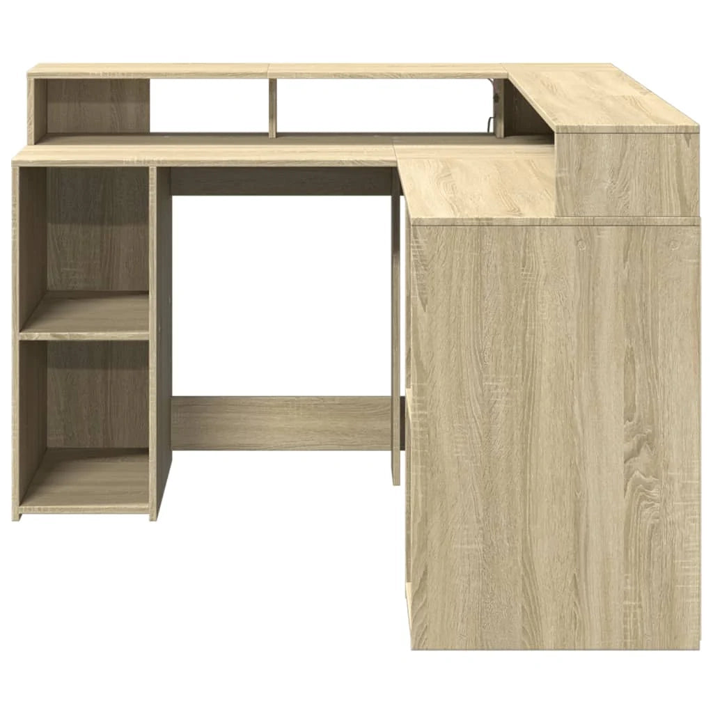 Scrivania da ufficio postazione di lavoro mobile per computer scrivania da studio con luci a LED legno ingegnerizzato rovere Sonoma marrone 02_0023424