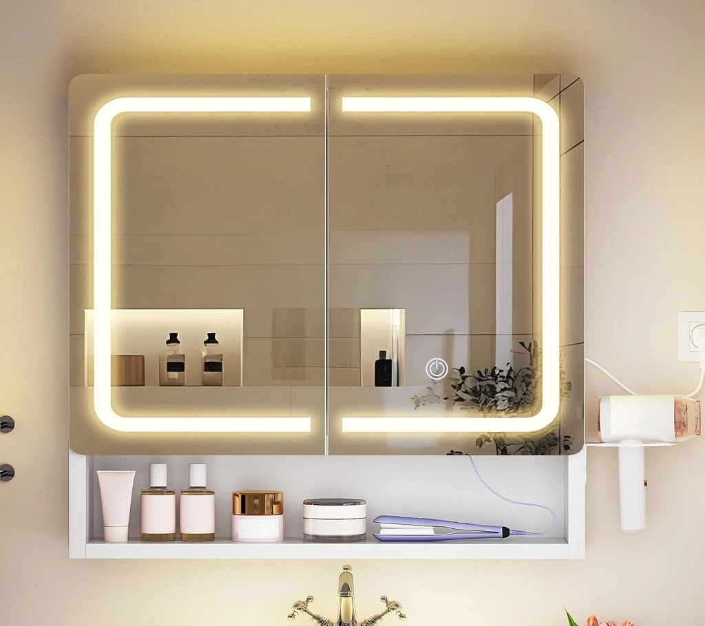 Specchio Bagno Contenitore con Luce LED e Presa Elettrica, Mobile Bagno a Specchio con 2 Ante e Gancio Asciugacapelli, 3 Temperature di Luce Dimmerabili a Touch, Ripiani Regolabili, Bianco
