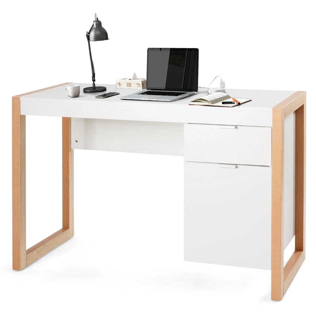 Scrivania moderna per computer con armadietto e cassetto per casa e ufficio, Postazione di lavoro elegante Bianco