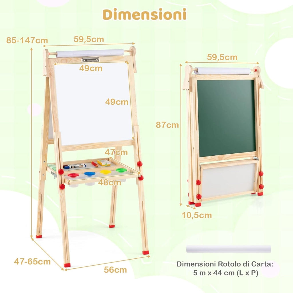 3 in 1 Cavalletto per Bambini, Cavalletto Artistico in Legno con Doppia Faccia Magnetico, Lavagna Bianca, Lavagna Nera e Rotolo di Carta, Pieghevole e Altezza Regolabile