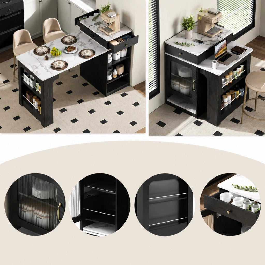Isola da Cucina con Ruote 80x151x92 cm; Tavolo Estensibile con Prese Elettriche; Mobile Multiuso Nero e Bianco