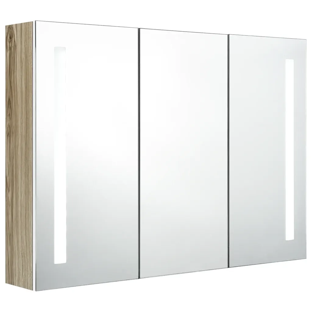 Armadietto Bagno | Armadio da bagno con Specchio e LED 89x14x62 cm Bianco e Rovere