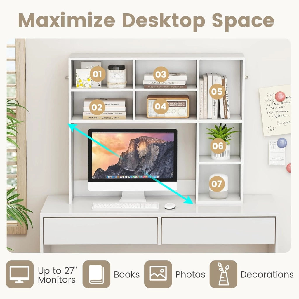 Scaffale da scrivania con 7 scomparti aperti, mobile organizer su tavolo con kit antiribaltamento, 94 x 25 x 79 cm, scaffale per riporre piante, generi e libri (bianco)