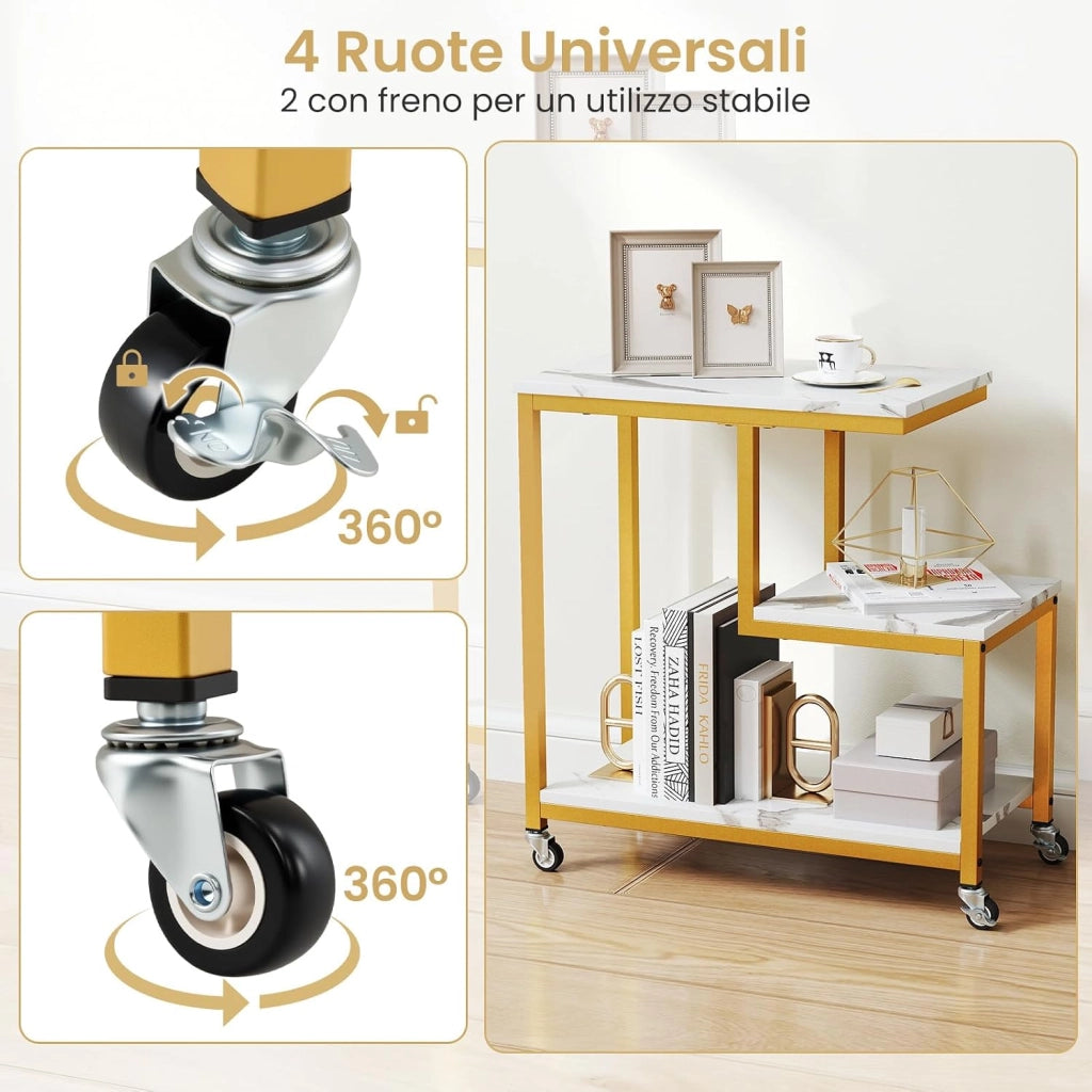 Tavolino a 3 Livelli, Tavolino Laterale a Forma di G con Ruote Bloccabili e Mensole Aperte, Tavolino Moderno da Salotto, Camera da Letto e Studio