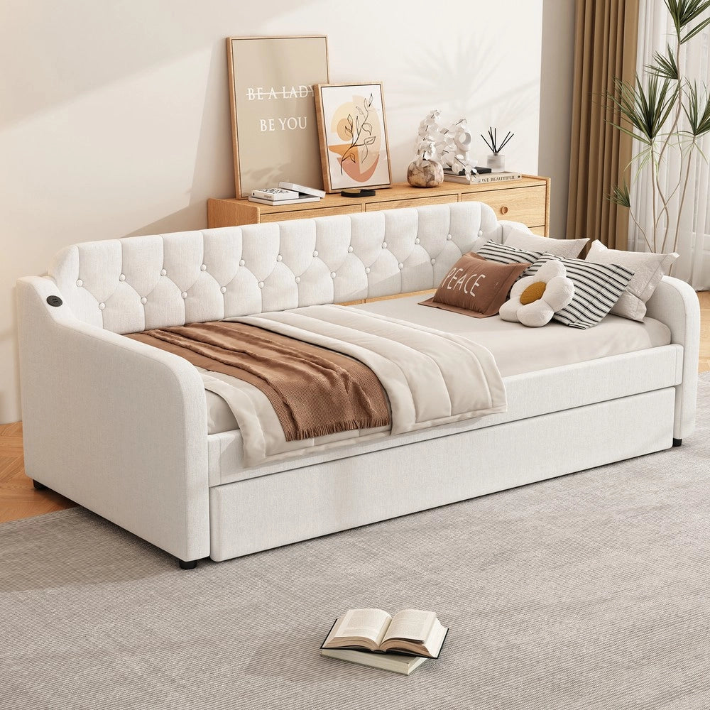 Divano Letto con Estraibile ¨C MINIMAL ¨C Tessuto Beige 90x200 cm con USB