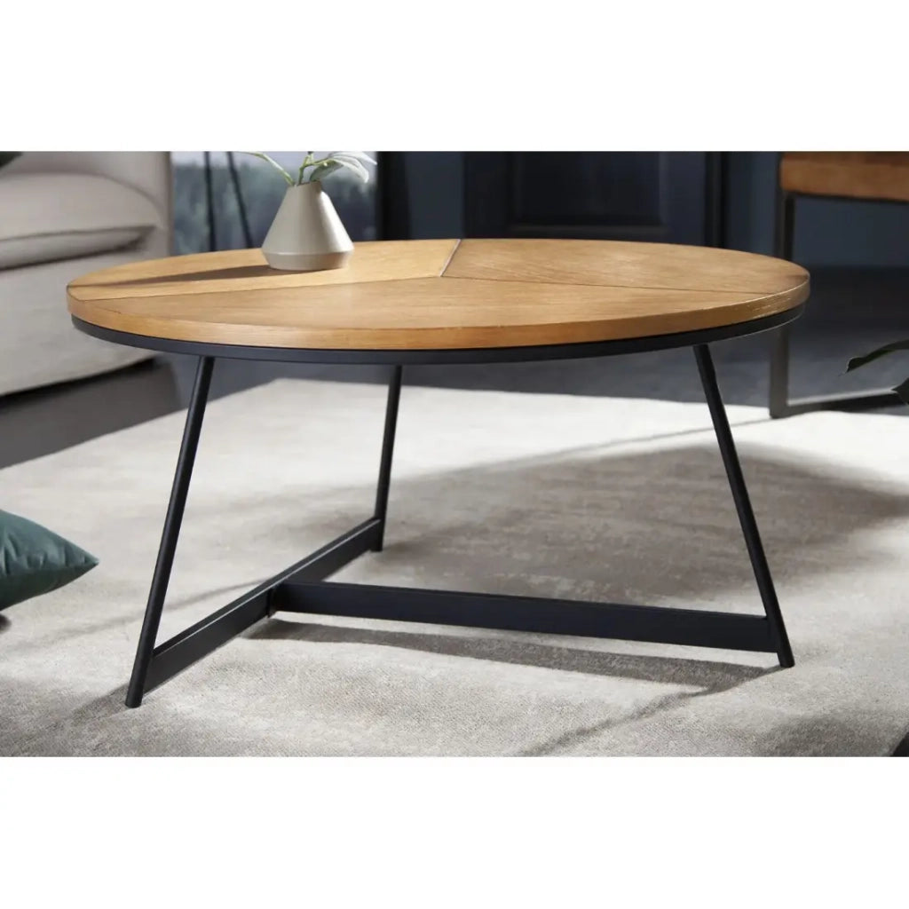 Tavolino basso rotondo ZENTOR 80 cm in legno massiccio e metallo nero stile industriale