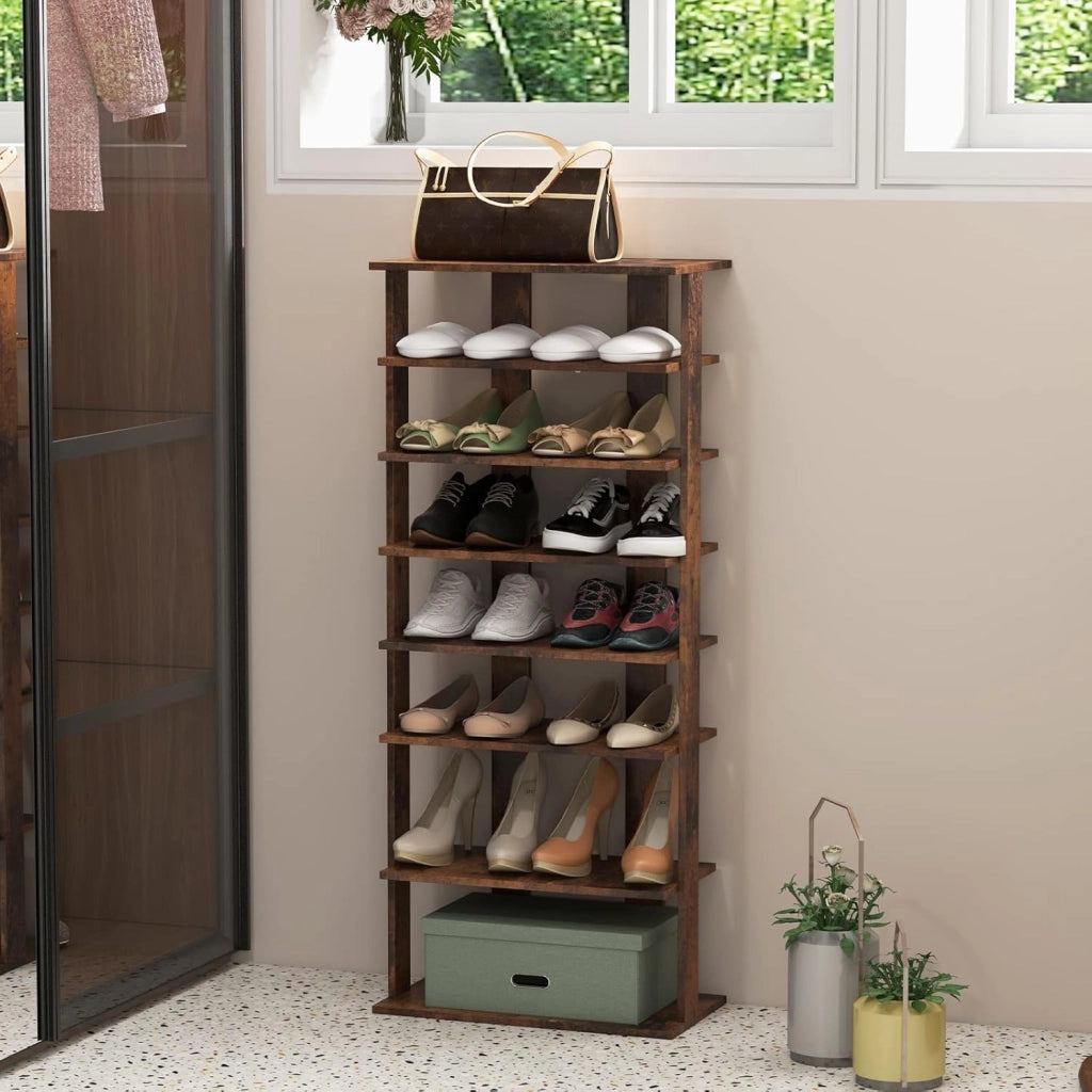 Scarpiera da Ingresso, Portascarpe a 7 Ripiani, Scaffale per 7/14 Scarpe, in Legno, Stretto e Compatto per Salvaspazio, 2 Size di 27,5x26,5x110 cm e 45x25x110 cm (Marrone, L)