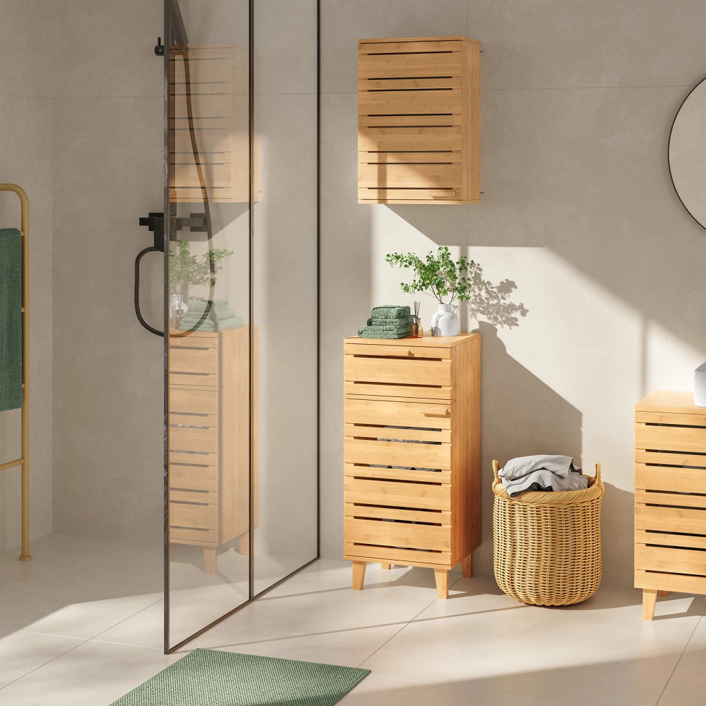 Mobiletto da Bagno Epind con Cassetto e 2 Scomparti Chiusi 75 x 33 x 30 cm - Bambù Naturale [en.casa]