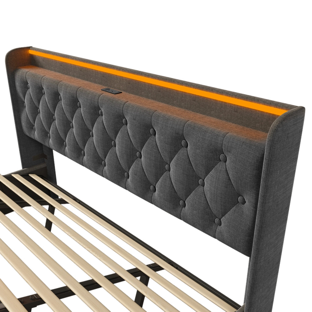Letto contenitore imbottito ULEVR 180x200 cm con LED 360¡ã, USB e Type-C, testiera con ripiani, lino grigio