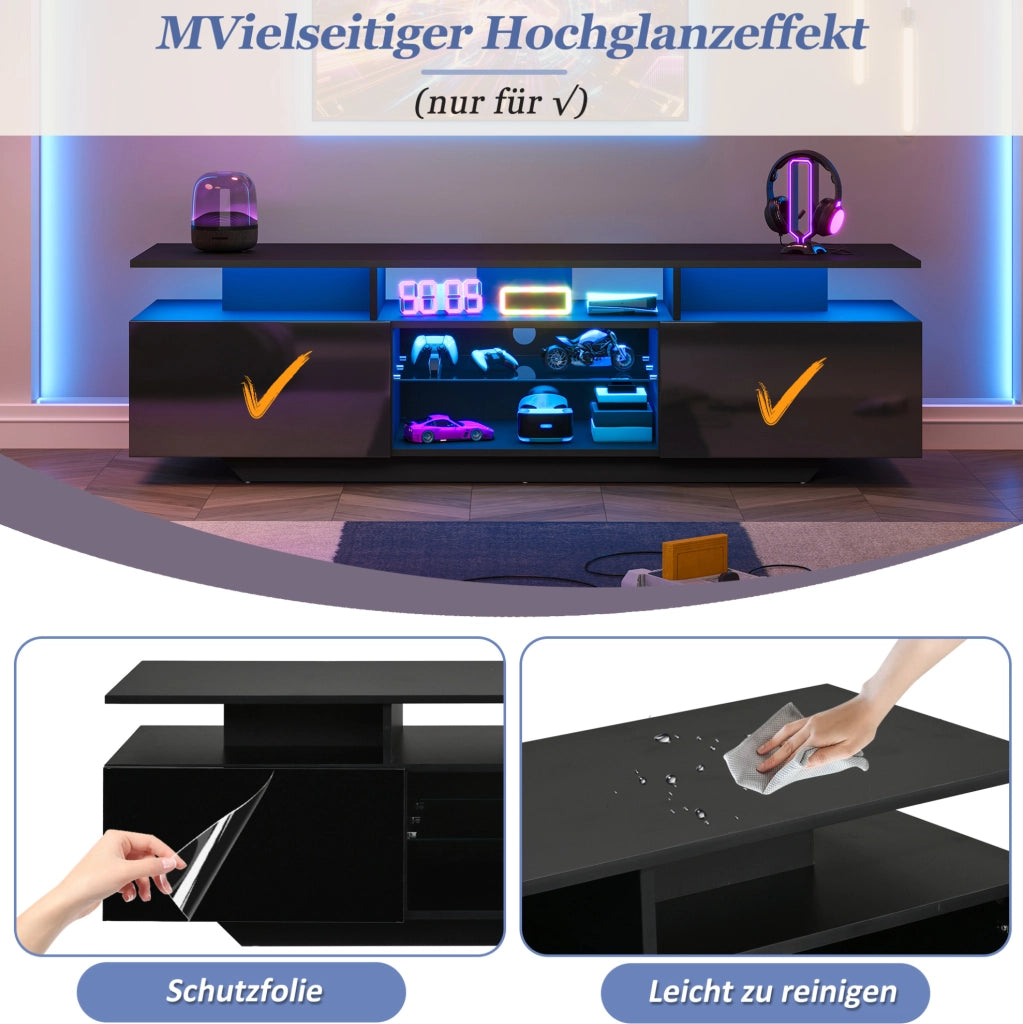 Mobile TV nero con LED controllabile via app, 160x40x45 cm, 2 ante e 8 ripiani